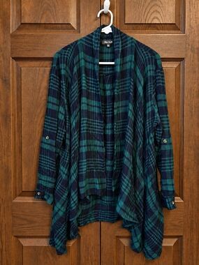 Green & Navy Plaid Open Front Jacket Cardigan Large